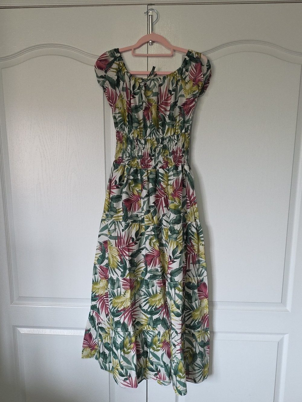 Floral Tropical Off-Shoulder Midi Dress in Green & Pink